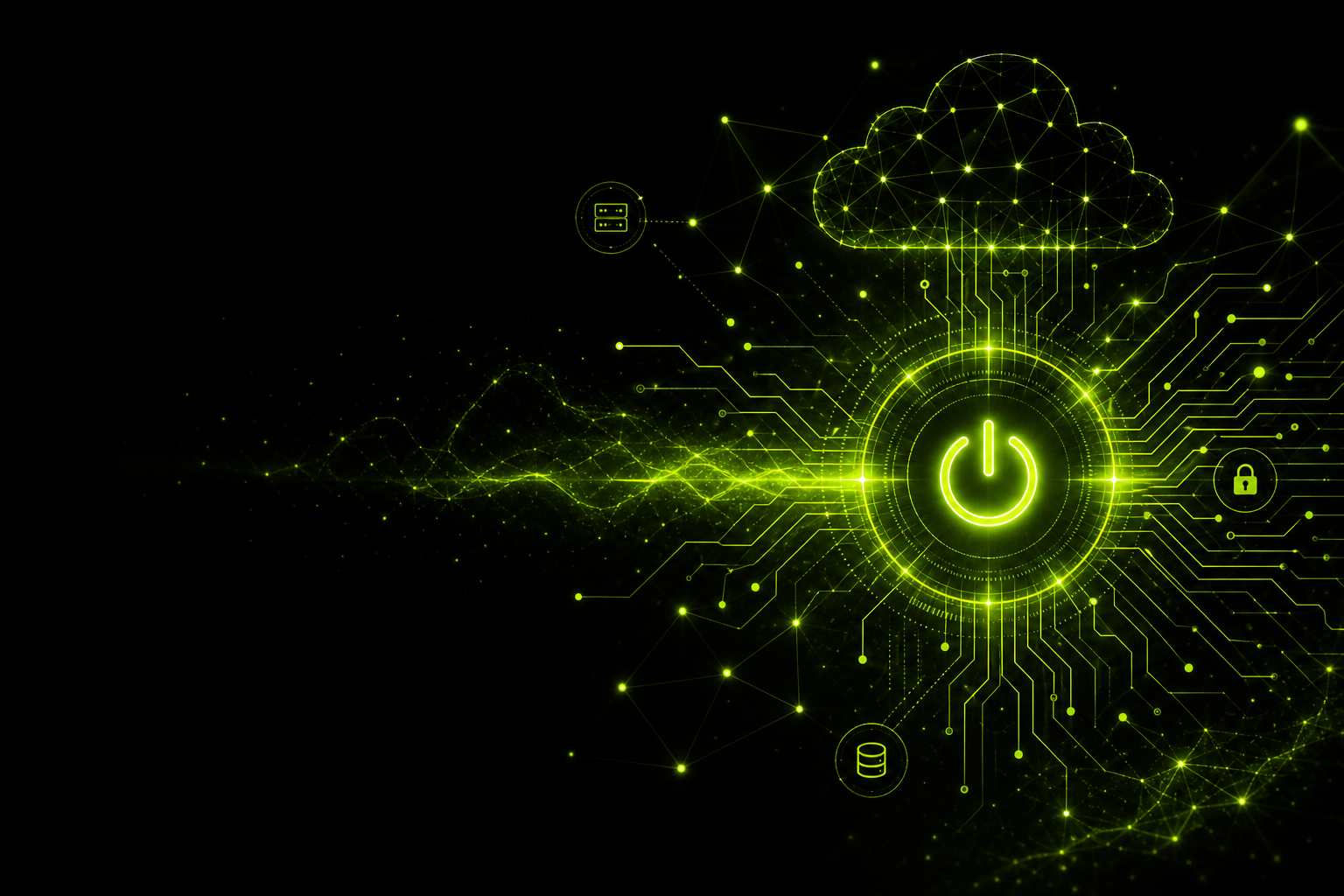 Abstract technology illustration with lime green network and cloud motifs on a black background